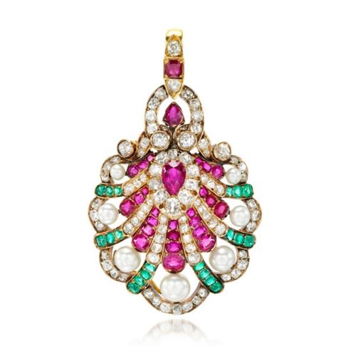 Ruby, emerald, diamond and natural pearl scallop shell pendant, formerly belonging to Mrs Flora Sassoon (1859-1936)